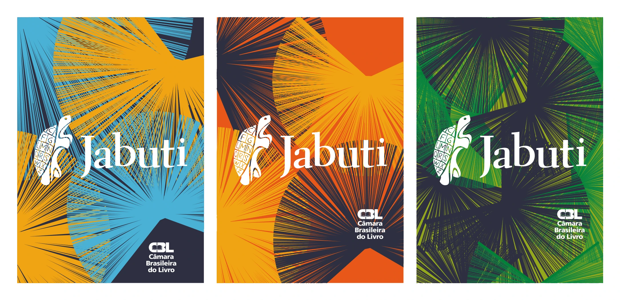 Trio de capas da identidade em azul, laranja e verde