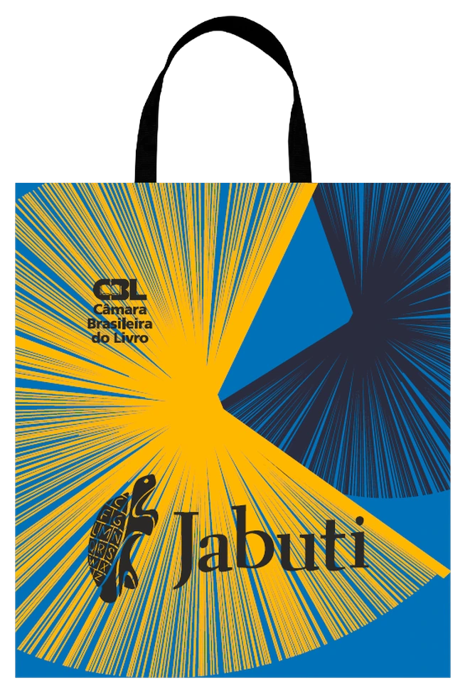 Sacola do Prêmio Jabuti — leque amarelo sobre azul