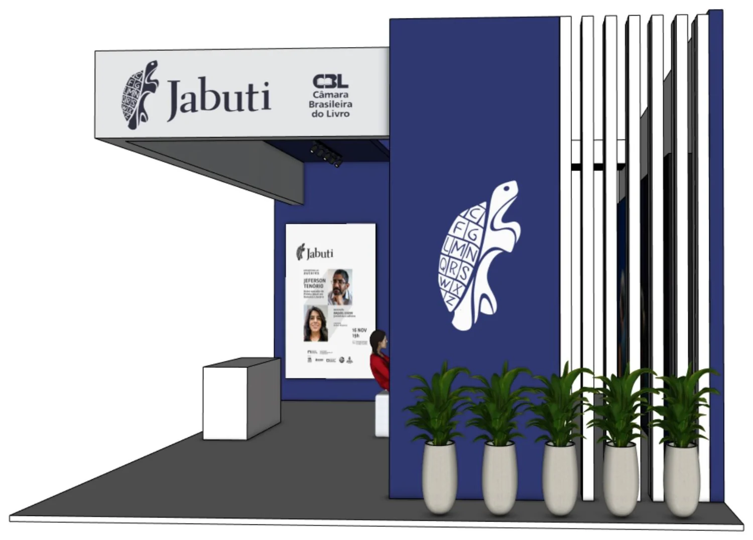 Elevação frontal do stand com totem e jardineiras
