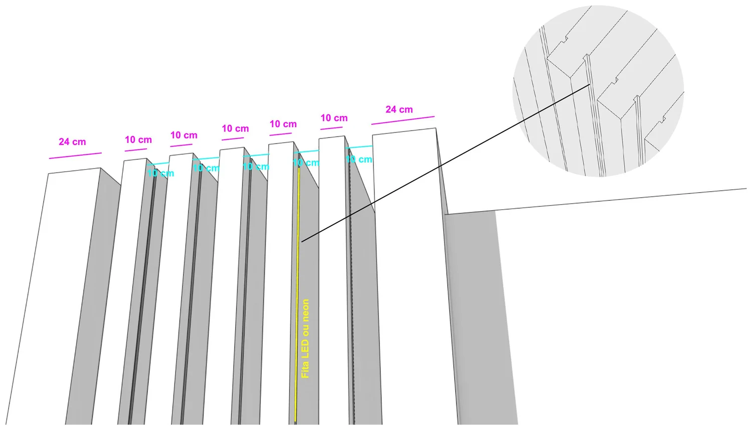 Detalhe das lâminas verticais com fita de LED